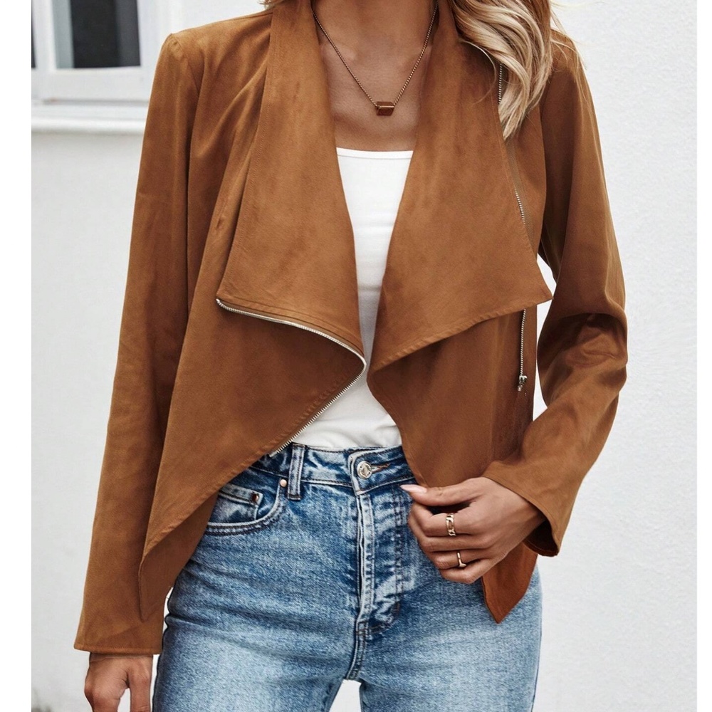 Luxe Rust Vegan Suede Zip up Biker Moto Jacket - Picture 3 of 5